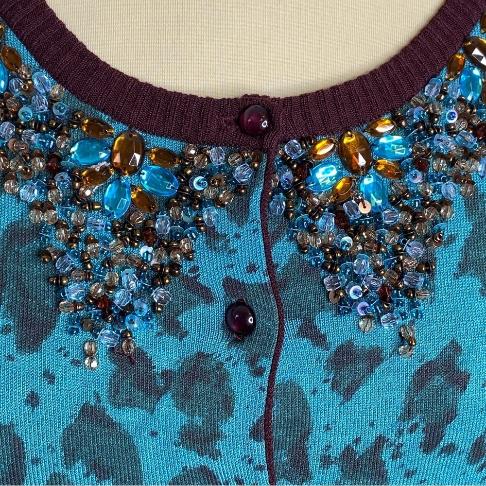 Michelle Nicole Burgundy and Teal Beaded Button Front Cardigan Sweater - Picture 3 of 8
